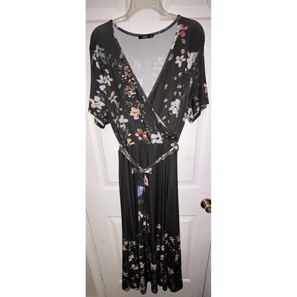 Lily by Firmiana Maxi Wrap Dress XL Black Floral V-Neck Short Sleeve Stretch